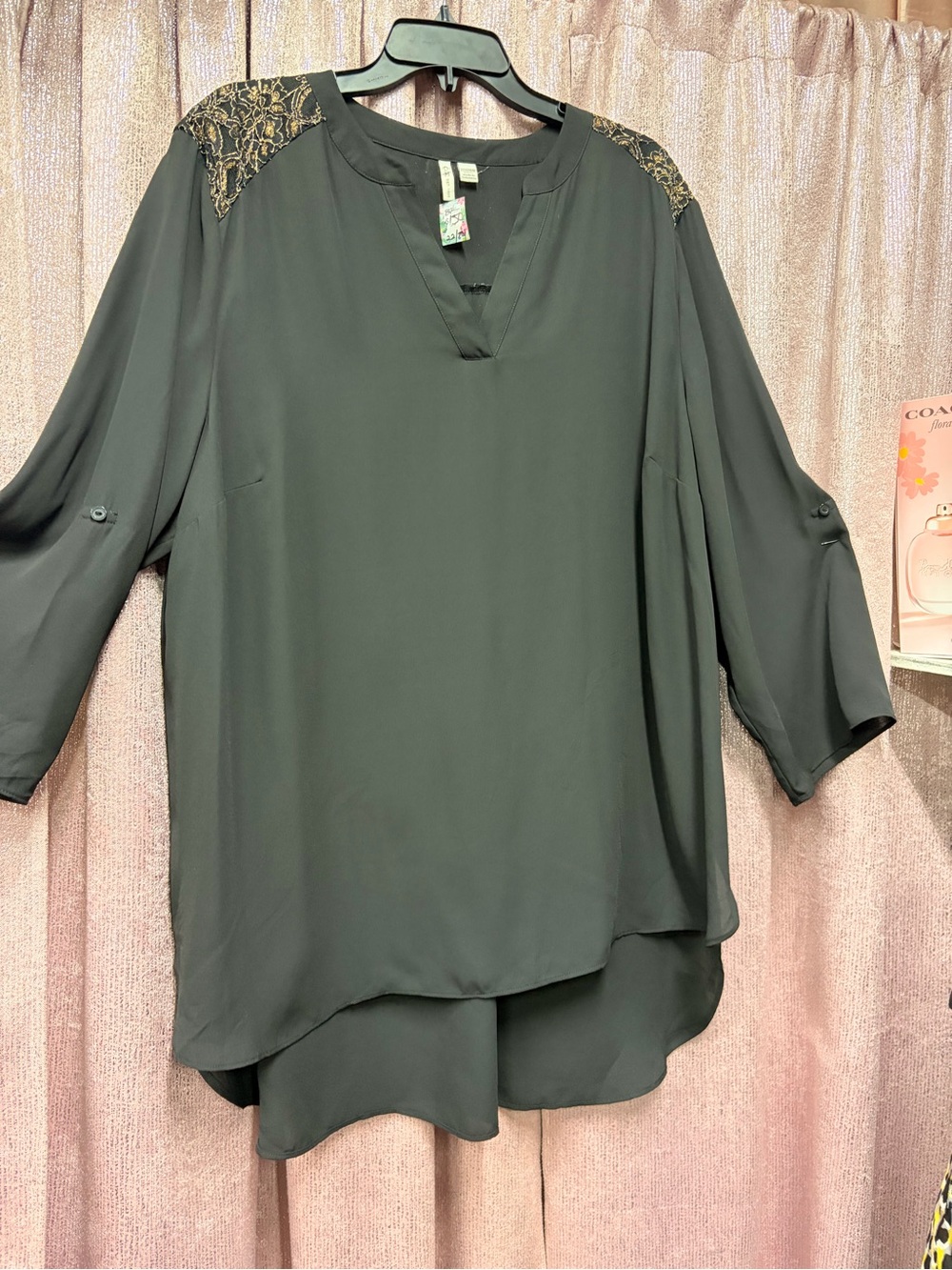 CAbi Dark Green Split-Neck Tunic with Lace-Trim Shoulders